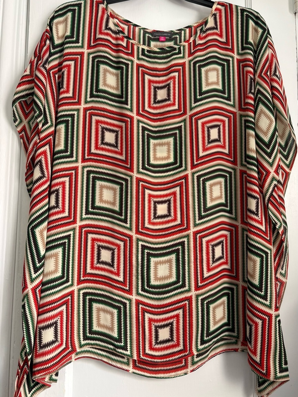 Vince Camuto Geometric Print 3/4 Sleeve Blouse Abstract Square Pattern Top Sz:2X